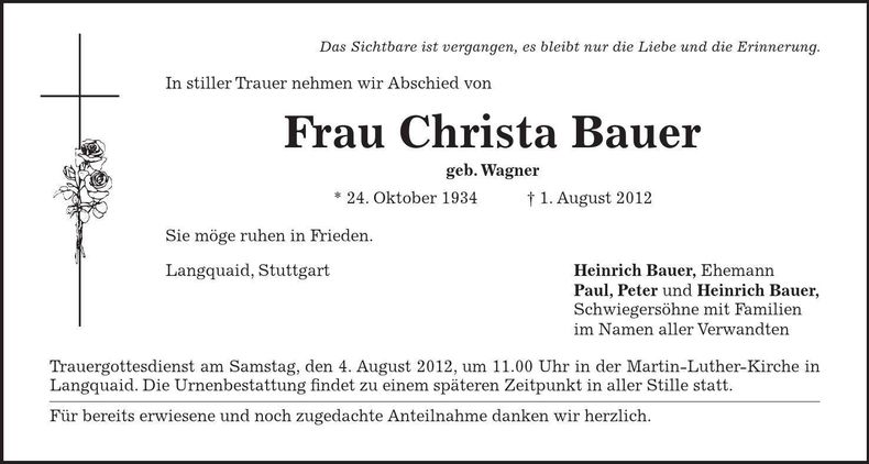 Traueranzeige Christa Bauer
