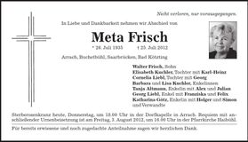 Traueranzeige Meta Frisch