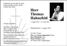 Traueranzeige Thomas Hahnefeld