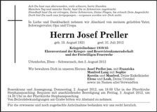 Traueranzeige Josef Preller