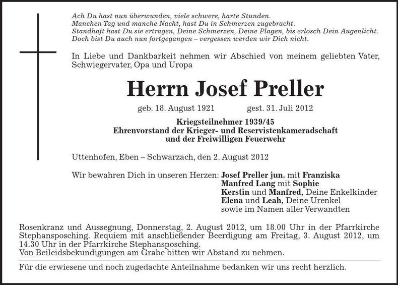 Traueranzeige Josef Preller