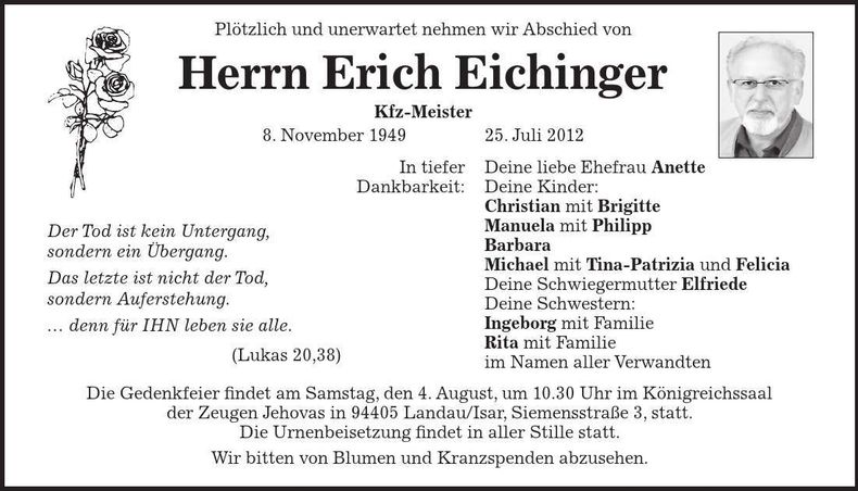 Traueranzeige Erich Eichinger