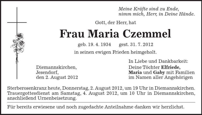 Traueranzeige Maria Czemmel