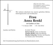 Traueranzeige Anna Renkl