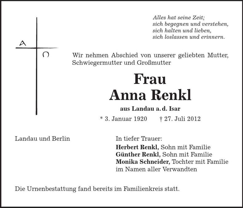 Traueranzeige Anna Renkl
