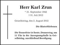 Traueranzeige Karl Zrun