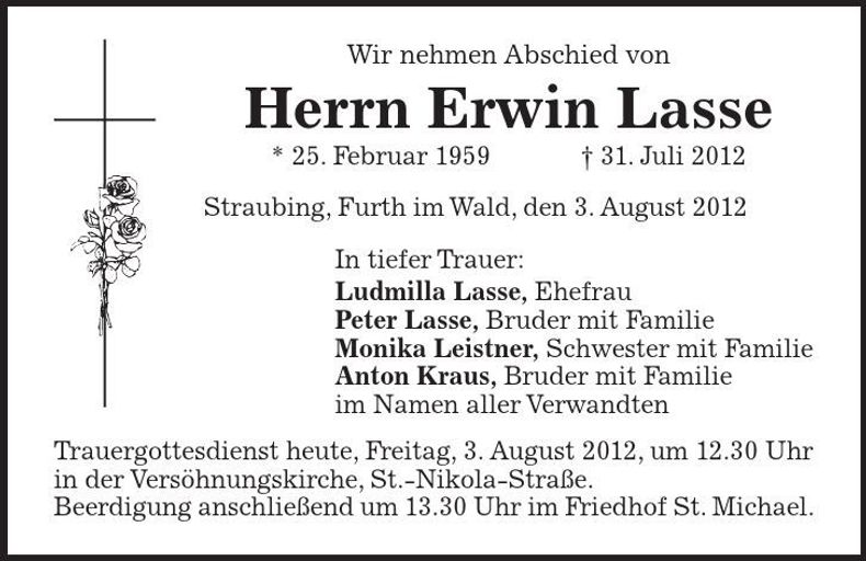 Traueranzeige Erwin Lasse