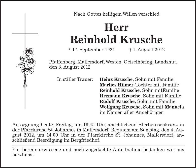 Traueranzeige Reinhold Krusche