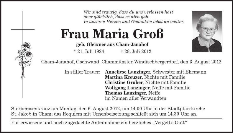 Traueranzeige Maria Groß