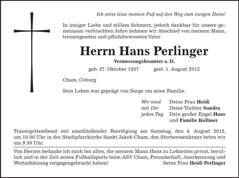Traueranzeige Hans Perlinger