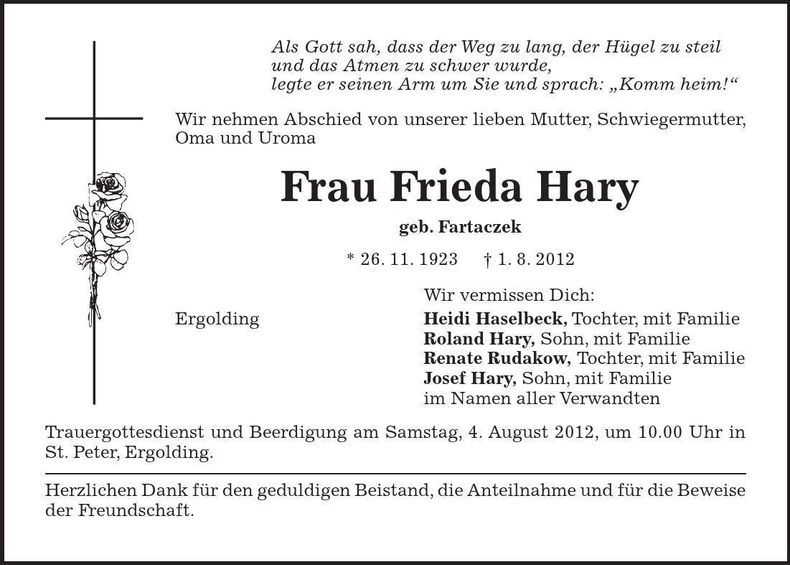 Traueranzeige Frieda Hary
