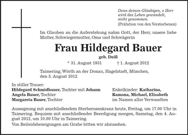 Traueranzeige Hildegard Bauer