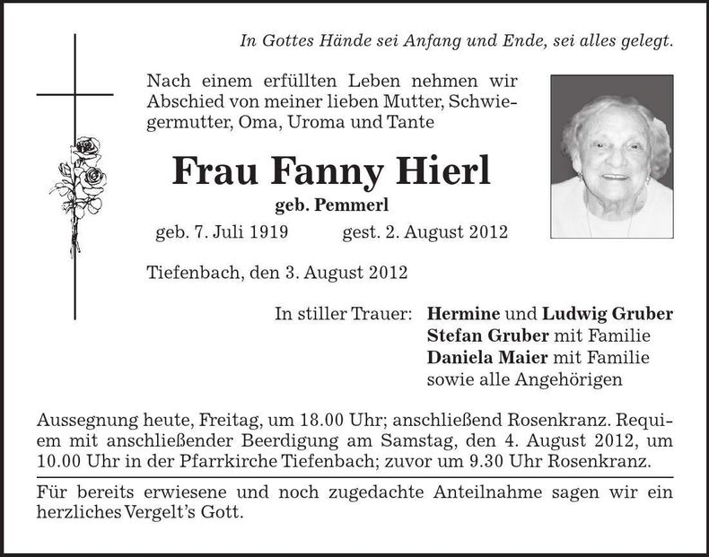 Traueranzeige Fanny Hierl