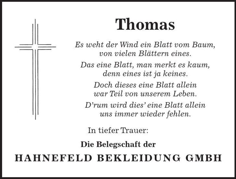 Traueranzeige Thomas Hahnefeld