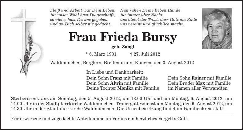 Traueranzeige Frieda Bursy