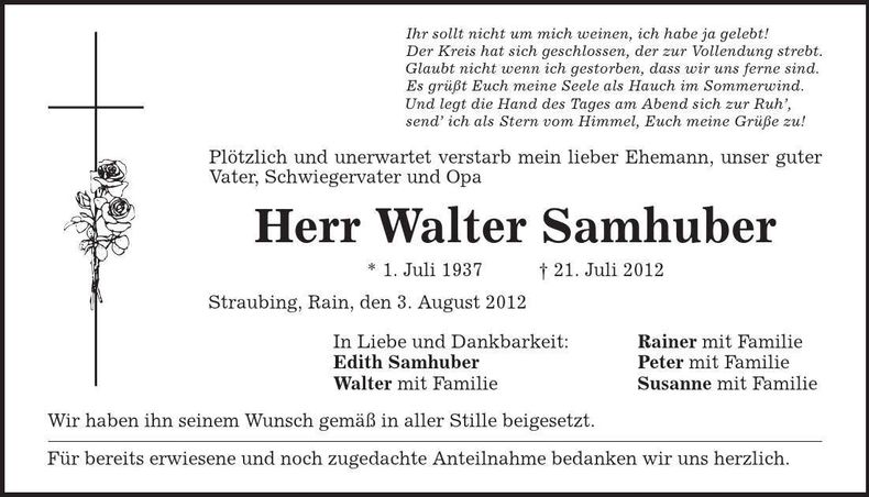 Traueranzeige Walter Samhuber