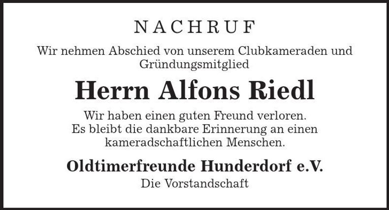 Traueranzeige Alfons Riedl
