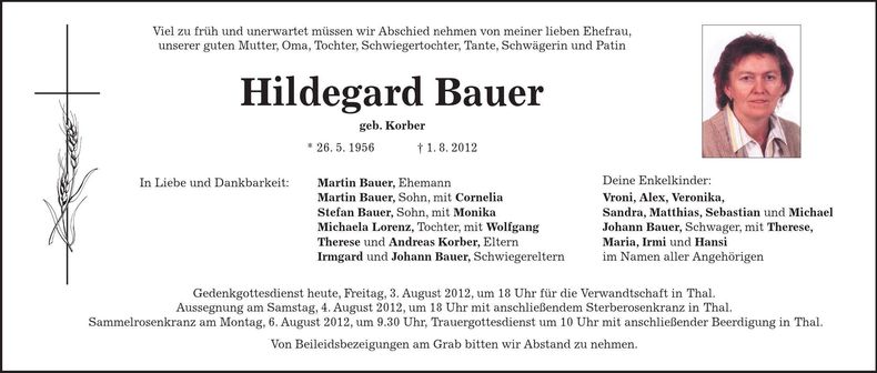 Traueranzeige Hildegard Bauer