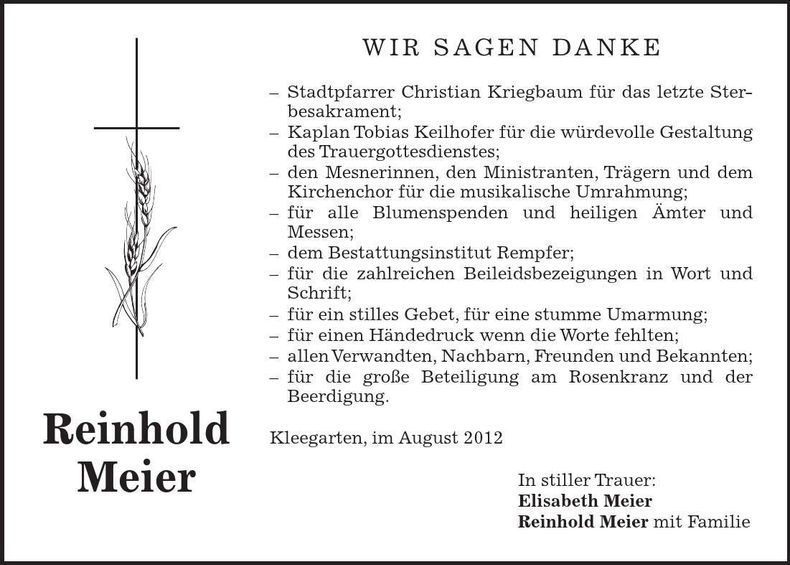Traueranzeige Reinhold Meier