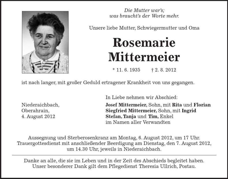 Traueranzeige Rosemarie Mittermeier