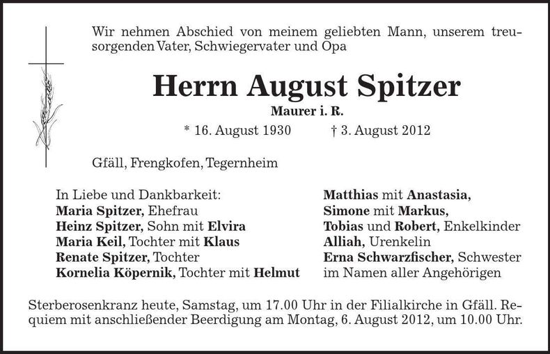 Traueranzeige August Spitzer