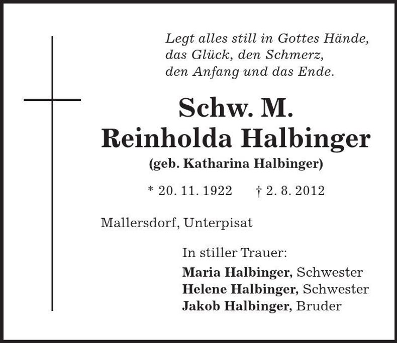 Traueranzeige Reinholda Halbinger