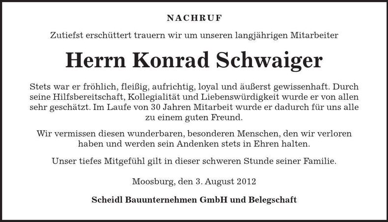 Traueranzeige Konrad Schwaiger