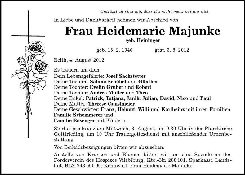 Traueranzeige Heidemarie Majunke