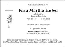 Traueranzeige Martha Huber