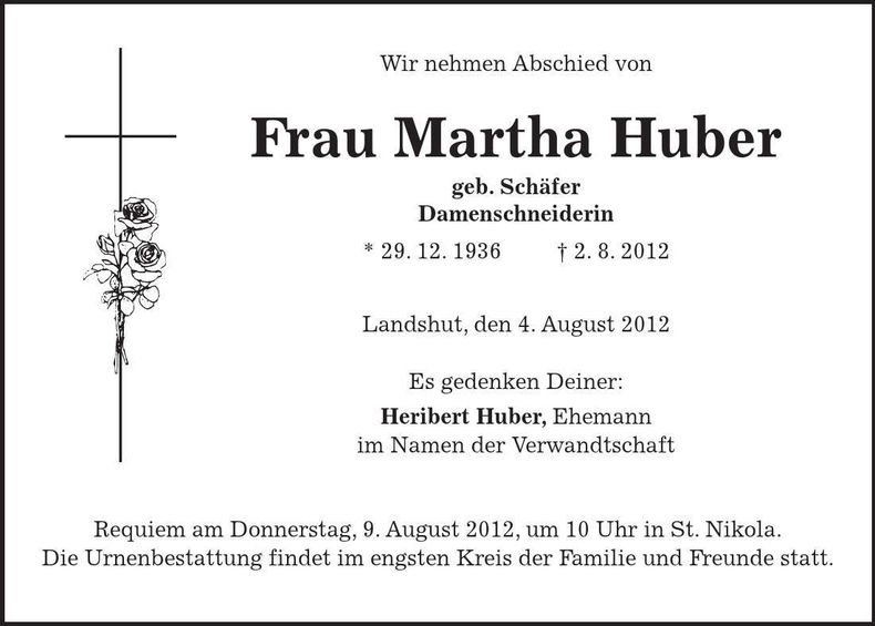 Traueranzeige Martha Huber