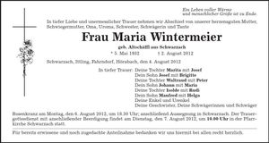 Traueranzeige Maria Wintermeier