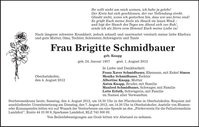 Traueranzeige Brigitte Schmidbauer
