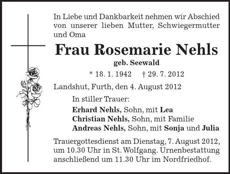 Traueranzeige Rosemarie Nehls