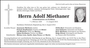 Traueranzeige Adolf Miethaner