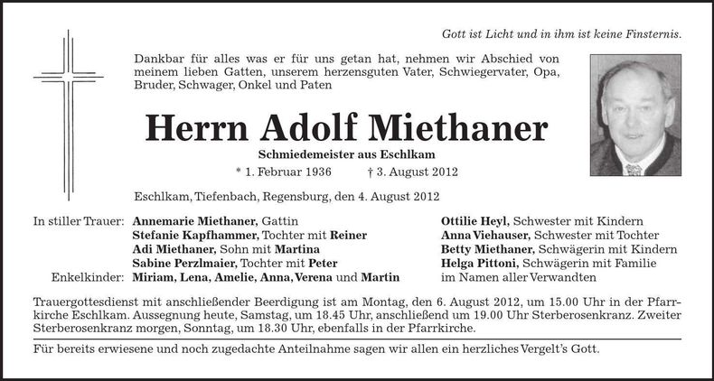 Traueranzeige Adolf Miethaner