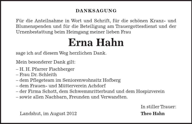 Traueranzeige Erna Hahn