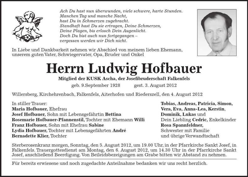 Traueranzeige Ludwig Hofbauer
