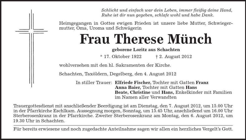 Traueranzeige Therese Münch