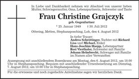 Traueranzeige Christine Grajczyk