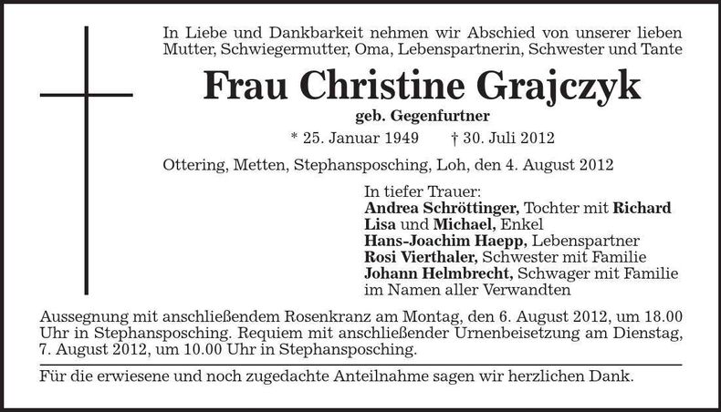 Traueranzeige Christine Grajczyk