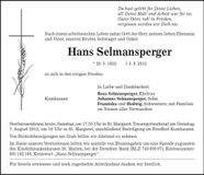 Traueranzeige Hans Selmansperger