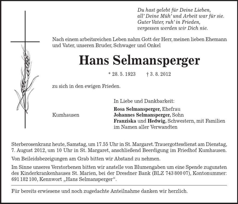 Traueranzeige Hans Selmansperger