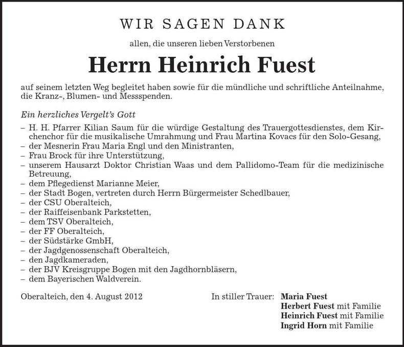 Traueranzeige Heinrich Fuest
