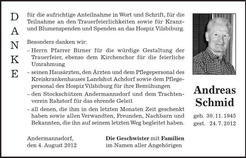 Traueranzeige Andreas Schmid