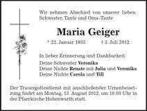 Traueranzeige Maria Geiger