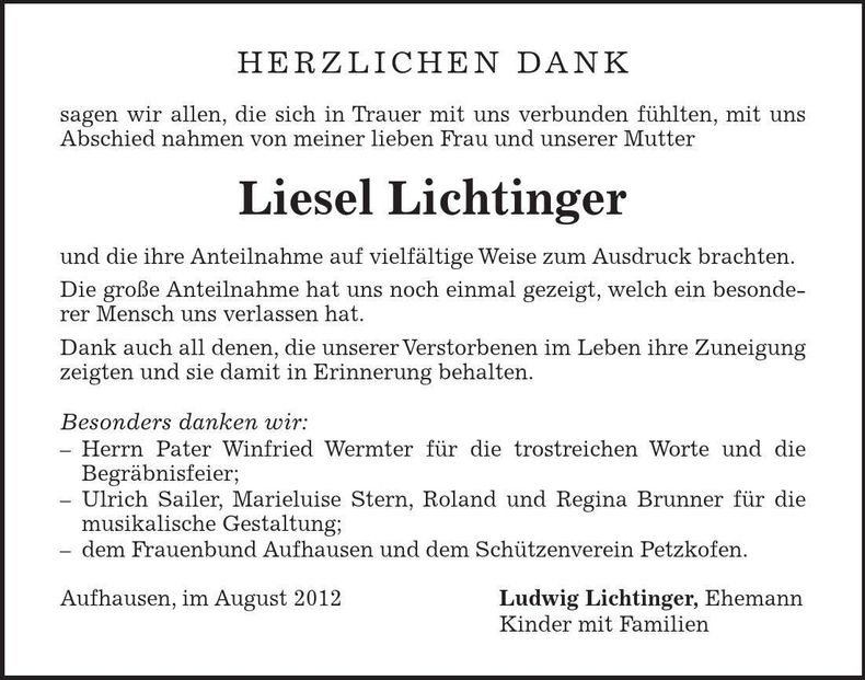 Traueranzeige Liesel Lichtinger