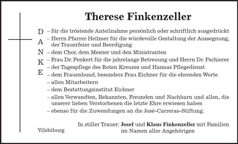 Traueranzeige Therese Finkenzeller