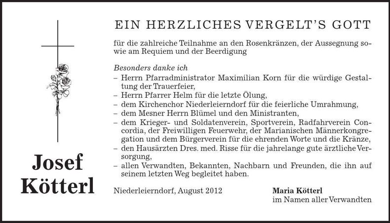 Traueranzeige Josef Kötterl
