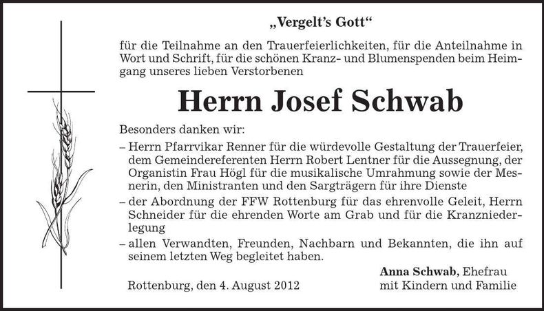 Traueranzeige Josef Schwab