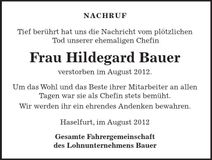 Traueranzeige Hildegard Bauer